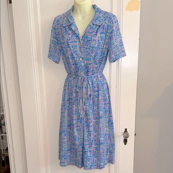 Vintage 60s Shelton Strollers Blue, Pink, Green & White Short Sleeve Dress - Picture 1 of 8